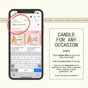 The image is a smartphone displaying a search for items on a website, with a candle for any occasion candle visible on the screen.