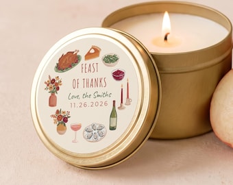 Personalized Thanksgiving Gifts, Feast of Thanks Candle, Friendsgiving Favors, Custom Family Name Gold Tin or Glass Jar FC188