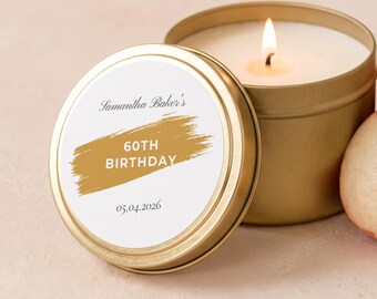 Personalized 60th Birthday Gifts, 60th Birthday Party Candle, Birthday Party Favors, Custom Name and Age Gold Tin or Glass Jar FC206