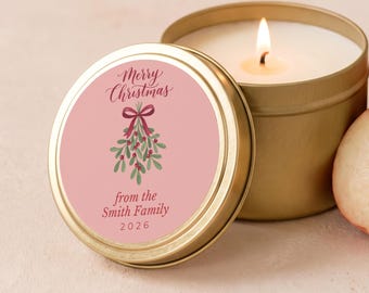 Mistletoe Christmas Candle, Family Christmas Gifts, Teacher Gifts, Bulk Candle Favors, Custom Family Name Gold Tin or Glass Jar FC176