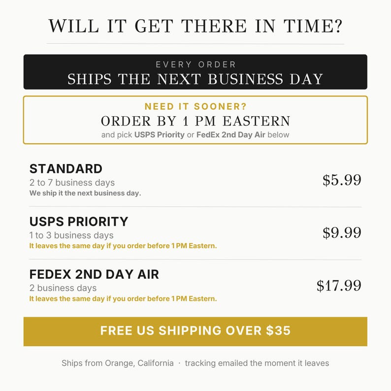 The image is a promotional advertisement for shipping services, offering free shipping over $35 for orders placed within a specific time frame. It features a clear call to action, asking the viewer to "Will it get there in time?" and provides details about the shipping options available, including standard shipping, FedEx priority, and FedEx 2nd Day Air. The ad also mentions that the shipping is free for orders placed before 1 PM Eastern.