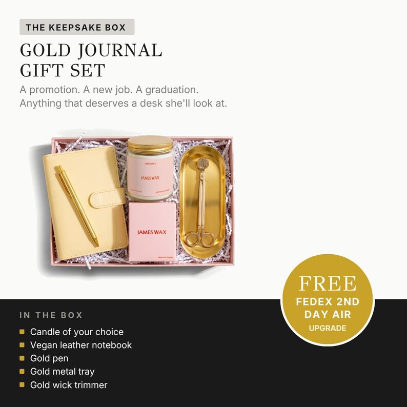 a gift set from James wax, including a gold journal, a candle, a notebook, a pen, a leather notebook, a gold pen, a metal tray, a gold wick trimmer, and a gold wick trimmer. The gift set is presented in a box, and there is a free upgrade offer for the box.