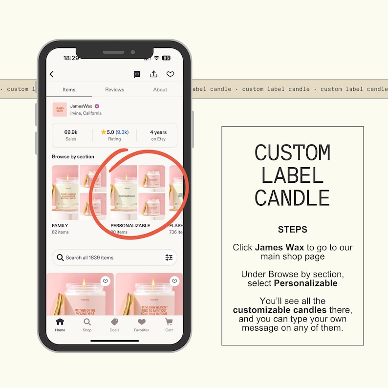 a smartphone screen with a search for custom candles, including a list of customizable candle options.