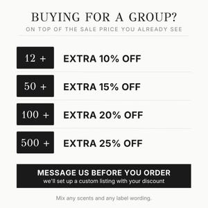 The image is a promotional image for a product, likely a fragrance, that is being offered for a group. It features a list of different discount percentages ranging from 10% to 25% off, along with a message encouraging customers to mix scents and label wording.