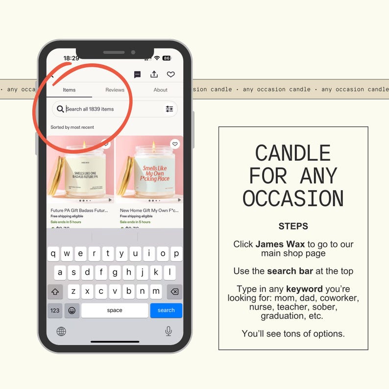 The image is a smartphone displaying a search for items on a website, with a candle for any occasion candle visible on the screen.
