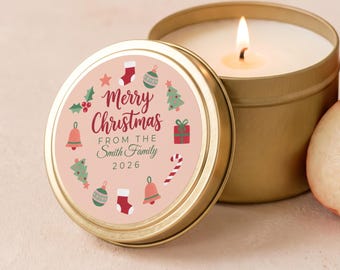Teacher Christmas Gifts, Merry Christmas Candle, Coworker Gifts, Bulk Candle Favors, Custom Family Name Gold Tin or Glass Jar FC177