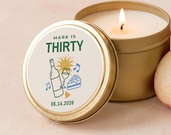 Personalized 30th Birthday Gifts, Dirty Thirty Candle, Birthday Party Favors, Custom Name and Age Gold Tin or Glass Jar FC196