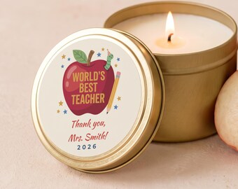 Personalized Teacher Gifts, World's Best Teacher Candle, Teacher Appreciation, Custom Teacher Name Gold Tin or Glass Jar FC217