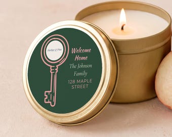 Custom Logo Candles, Welcome Home Candle, Realtor Closing Gifts, Bulk Candle Favors, Personalized Business Logo Gold Tin or Glass Jar FC221