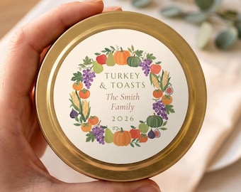 Personalized Thanksgiving Gifts, Turkey and Toasts Candle, Friendsgiving Favors, Custom Family Name Gold Tin or Glass Jar FC187