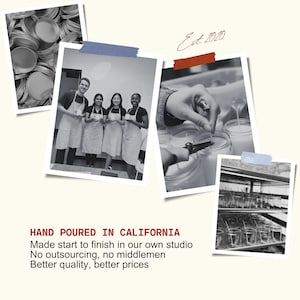 The image is a collage of four photographs, including a group of people working with jars, a person pouring liquid into a jar, and a person handling jars in a studio. The text in the image provides information about the production process and the company's approach to manufacturing.