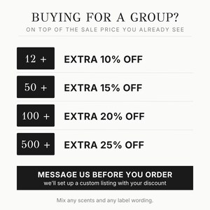 The image is a promotional image for a product, likely a fragrance, that is being offered for a group. It features a list of different discount percentages ranging from 10% to 25% off, along with a message encouraging customers to mix scents and label wording.