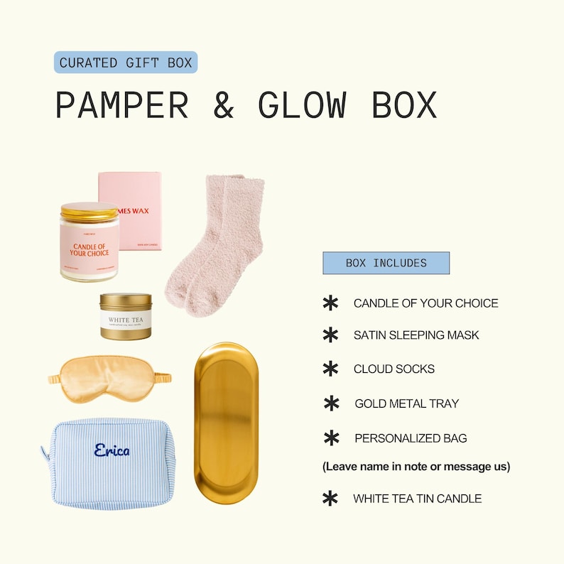 The image is a curated gift box containing various items such as a candle, a pair of socks, a white tea tin, a gold metal tray, a personalized bag, and a white tea tin candle.