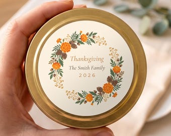 Personalized Thanksgiving Gifts, Thanksgiving Candle, Friendsgiving Favors, Custom Family Name Gold Tin or Glass Jar FC185