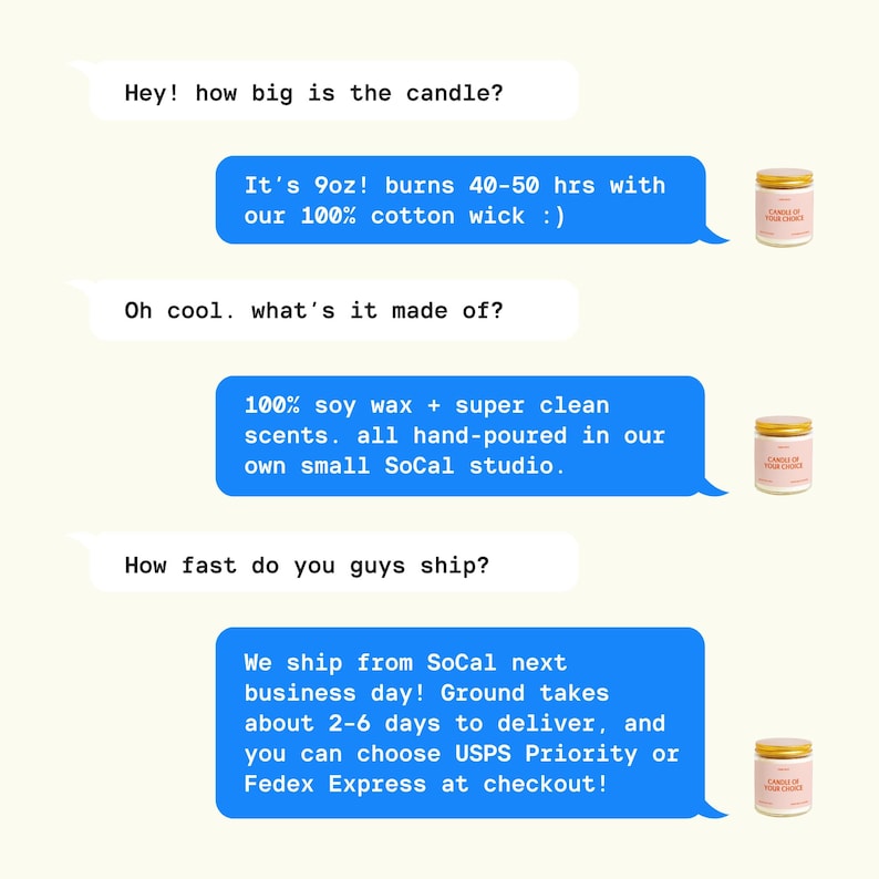 three blue speech bubbles with text, each containing a question about a candle. The first question asks about the size of the candle, the second question asks about the burning time, and the third question asks about the scent of the candle. There are also two images of candles in the image, one on the left and one on the right, which appear to be the focus of the questions.