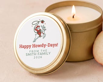 Western Christmas Candle, Cowboy Santa Howdy Days, Christmas Gifts for Him, Bulk Favors, Custom Family Name Gold Tin or Glass Jar FC183