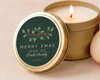 Personalized Christmas Gifts, Merry Xmas Holly Candle, Teacher Gifts, Bulk Candle Favors, Custom Family Name Gold Tin or Glass Jar FC170