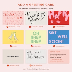 a collection of greeting card designs, each with a unique message and style. The cards are printed on a flat x 6 x 4 card, and they can be customized with a personalization box to include a specific message. The cards are available for $2.99, and they can be ordered by specifying the type of card in the box. The cards are designed for various occasions, such as birthdays, weddings, and other celebrations.