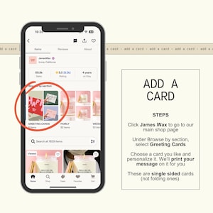 a smartphone displaying a card shop interface, with a red circle highlighting a specific greeting card. The interface includes a search bar, a list of items, and a section for adding cards.