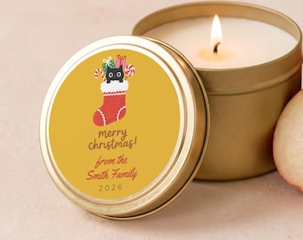 Cat Christmas Gift, Christmas Cat Candle, Cat Lover Stocking Stuffers, Bulk Candle Favors, Custom Family Name Gold Tin or Glass Jar FC180