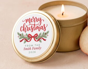 Merry Christmas Candle, Personalized Christmas Gifts, Coworker Gifts, Bulk Candle Favors, Custom Family Name Gold Tin or Glass Jar FC175