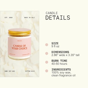 The image is a product advertisement for a candle, featuring a close-up of the candle in a jar and providing details about the candle's size, dimensions, burn time, and ingredients.