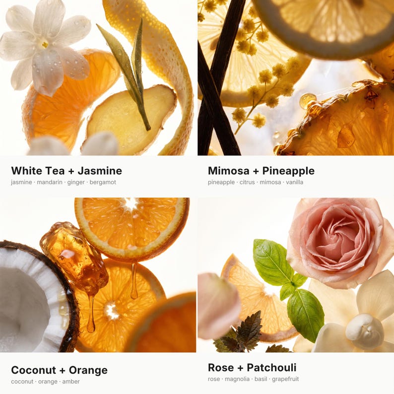 The image is a collage of four images, each featuring different fruits and flowers, along with their names.
