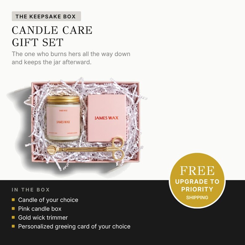 a gift set consisting of a candle, a candle care box, and a personalized greeting card. The candle care box contains a candle, a candle care tool, and a candle wick trimmer. The gift set is presented in a pink box with white paper, and there is a free upgrade offer for priority shipping.
