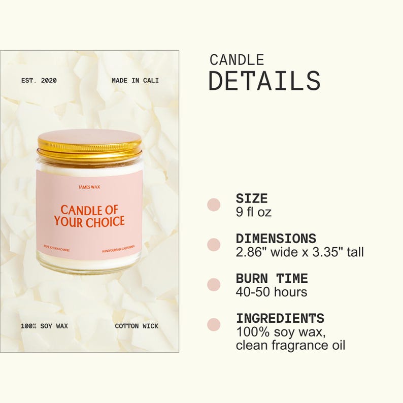 The image is a product advertisement for a candle, featuring a close-up of the candle in a jar and providing details about the candle's size, dimensions, burn time, and ingredients.