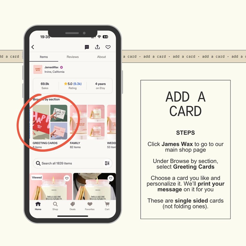 a smartphone displaying a card shop interface, with a red circle highlighting a specific greeting card. The interface includes a search bar, a list of items, and a section for adding cards.