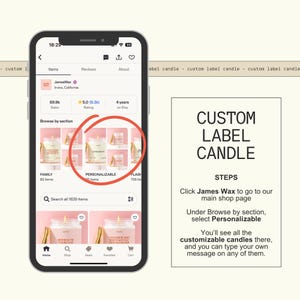 a smartphone screen with a search for custom candles, including a list of customizable candle options.