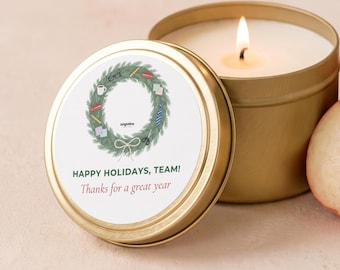 Custom Logo Candles, Happy Holidays Team Candle, Employee Christmas Gifts, Personalized Business Logo Gold Tin or Glass Jar FC225