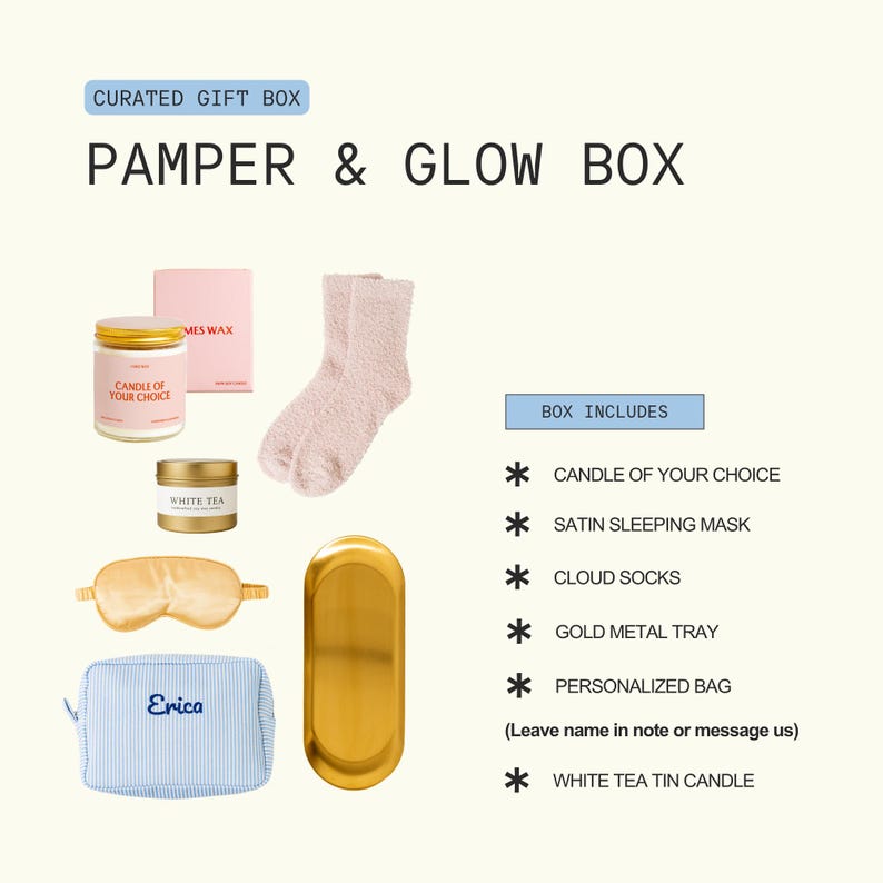 The image is a curated gift box containing various items such as a candle, a pair of socks, a white tea tin, a gold metal tray, a personalized bag, and a white tea tin candle.