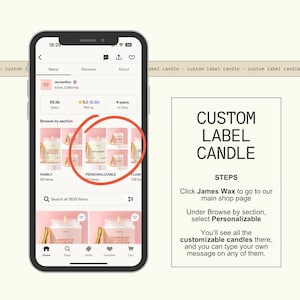 a smartphone screen with a search for custom candles, including a list of customizable candle options.
