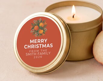 Christmas Candle Gifts, Oranges Botanical Label, Hostess Gifts, Bulk Candle Favors, Custom Family Name Gold Tin or Glass Jar FC172