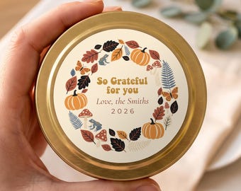 Personalized Thanksgiving Gifts, So Grateful for You Candle, Friendsgiving Favors, Custom Family Name Gold Tin or Glass Jar FC193