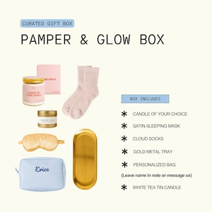 The image is a curated gift box containing various items such as a candle, a pair of socks, a white tea tin, a gold metal tray, a personalized bag, and a white tea tin candle.
