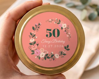 Personalized 50th Birthday Gifts, Floral Birthday Party Candle, Birthday Party Favors, Custom Name and Age Gold Tin or Glass Jar FC201