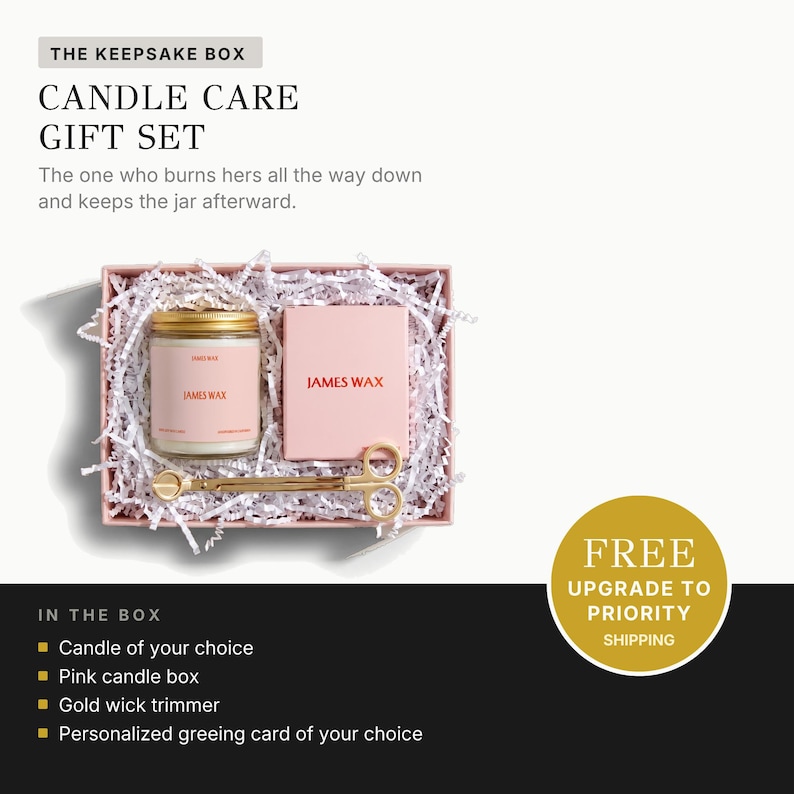 a gift set consisting of a candle, a candle care box, and a personalized greeting card. The candle care box contains a candle, a candle care box, and a candle wick trimmer. The gift set is presented in a pink box with white paper, and there is a free upgrade offer for priority shipping.