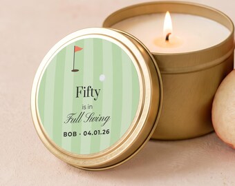 Personalized 50th Birthday Gifts, Fifty Is In Full Swing Candle, Birthday Party Favors, Custom Name and Age Gold Tin or Glass Jar FC204