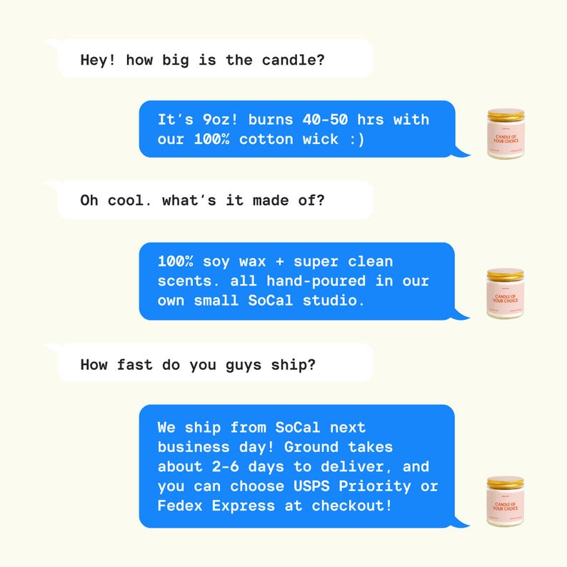 three blue speech bubbles with text, each containing a question about a candle. The first question asks about the size of the candle, the second question asks about the burning time, and the third question asks about the scent of the candle. There are also two images of candles in the image, one on the left and one on the right, which appear to be the focus of the questions.