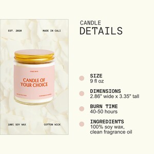 The image is a product advertisement for a candle, featuring a close-up of the candle in a jar and providing details about the candle's size, dimensions, burn time, and ingredients.