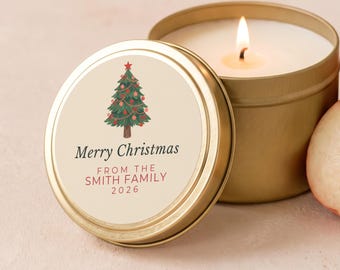 Christmas Tree Candle, Personalized Christmas Gifts, Hostess Gifts, Bulk Candle Favors, Custom Family Name Gold Tin or Glass Jar FC171
