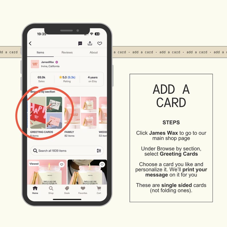 a smartphone displaying a card shop interface, with a red circle highlighting a specific greeting card. The interface includes a search bar, a list of items, and a section for adding cards.