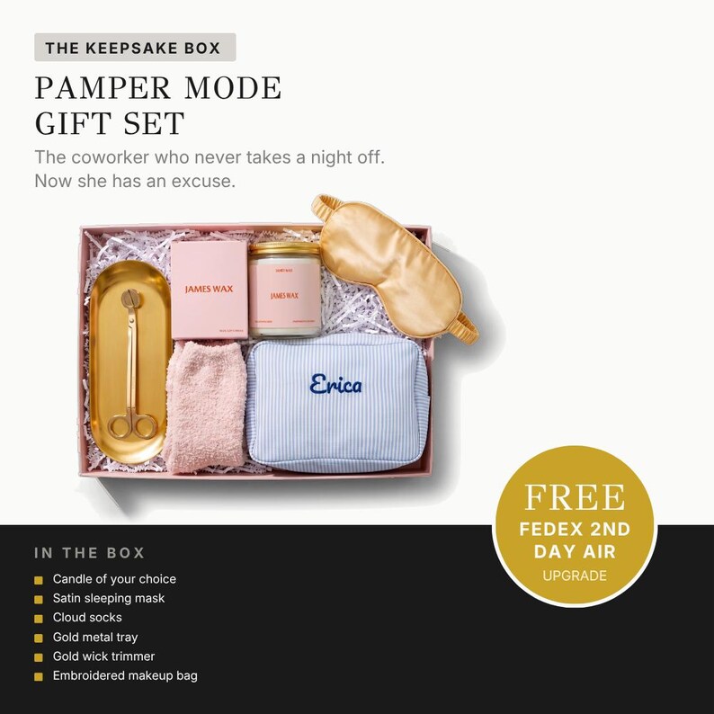 The image is an advertisement for a gift set called "The Keepsake Box" that includes a pamper mode gift set with various items such as a sleeping mask, cotton socks, a gold metal tray, and an embroidered makeup bag.