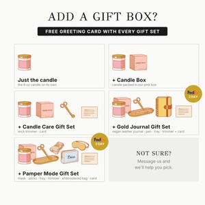 a gift set with various items, including a candle, a candle box, a candle care gift set, a gold journal gift set, a pamper mode gift set, and a free greeting card with every gift set.