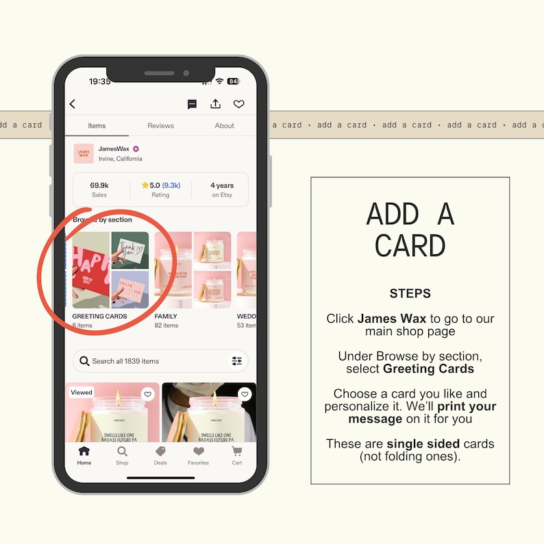 a smartphone displaying a card shop interface, with a red circle highlighting a specific greeting card. The interface includes a search bar, a list of items, and a section for adding cards.