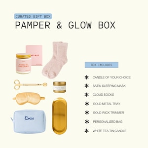 The image is a curated gift box containing various beauty and personal care items, including a candle, a pair of fuzzy socks, a satin sleeping mask, a pair of gold metal trays, a gold wick trimmer, a personalized bag, and a white tea candle.