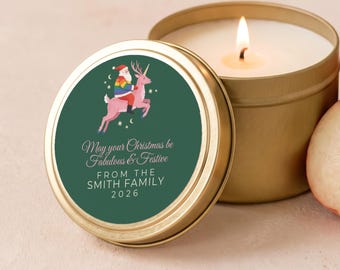 Unicorn Christmas Candle, Fabulous & Festive Santa, Christmas Gifts for Her, Bulk Favors, Custom Family Name Gold Tin or Glass Jar FC182