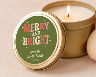 Merry and Bright Candle, Retro Christmas Gifts, Coworker Gifts, Bulk Candle Favors, Custom Family Name Gold Tin or Glass Jar FC178